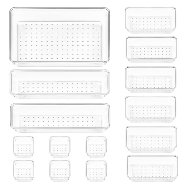 Vtopmart 15 PCS Clear Plastic Drawer Organizers Set, 4-Size Versatile Bathroom and Vanity Drawer Organizer Trays, Storage Bins for Makeup, Bedroom, Kitchen Gadgets Utensils and Office