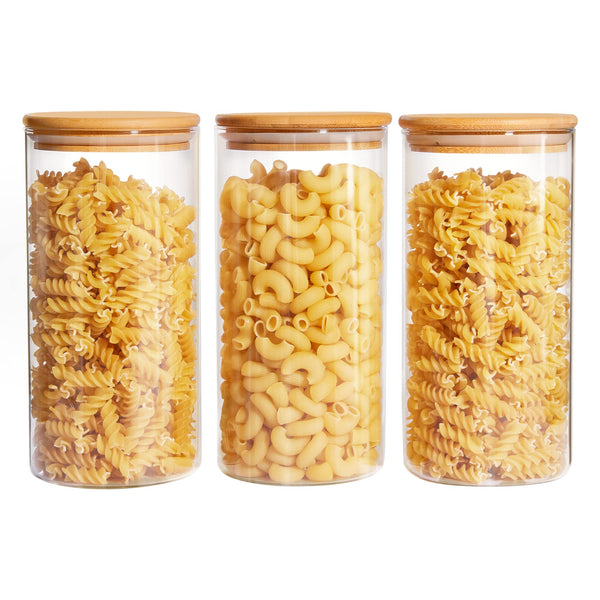Vtopmart Set of 3 Glass Food Storage Jars, 50oz Food Containers with Airtight Bamboo Wooden Lids for Pasta, Nuts, Flour, Glass Canisters for Kitchen, Pantry Organization and Storage, BPA Free