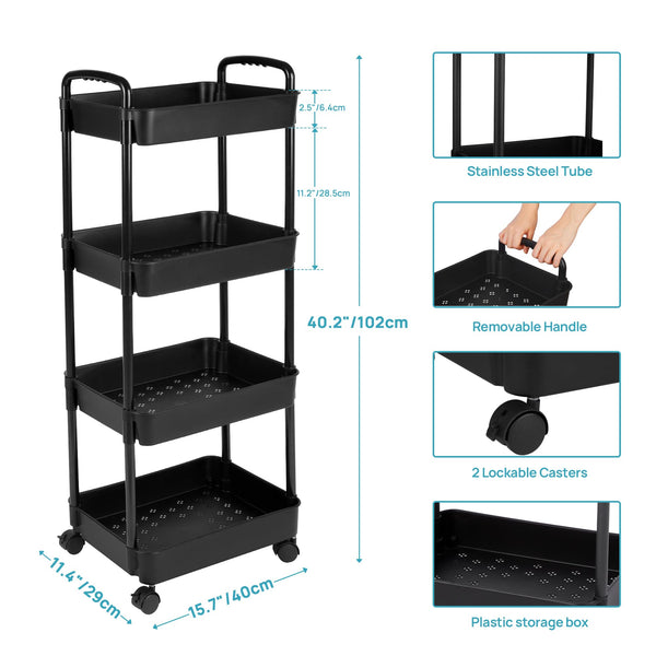 Vtopmart 4 Tier Rolling Cart with Wheels, Detachable Utility Storage Cart with Handle and Lockable Casters, Storage Basket Organizer Shelves, Easy Assemble for Bathroom, Kitchen, Black