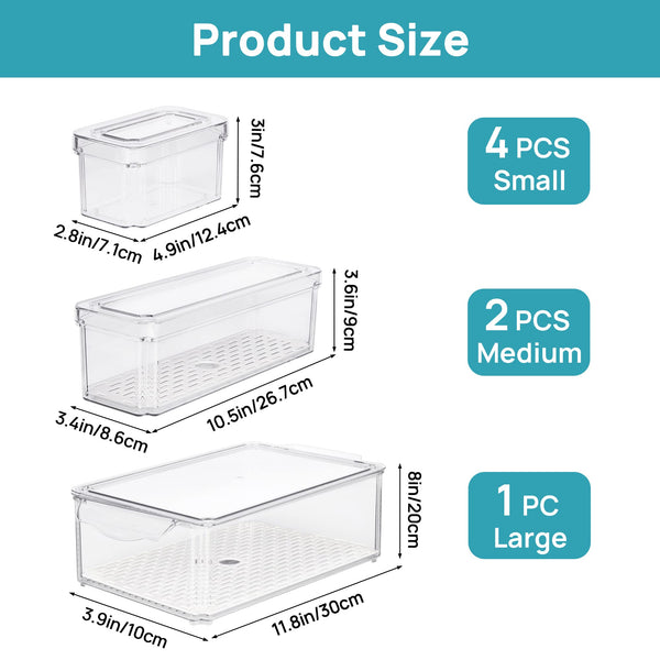 Vtopmart Set of 7 Fridge Organizer, Stackable Fruit Storage Containers for Fridge, Fridge Organizers and Storage Clear with lids, BPA-Free Refrigerator Organizer Bins with Drain Tray for Vegetables, Fruits, Food, Drinks