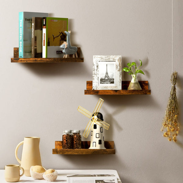 Upsimples Home Floating Shelves for Wall Decor Storage, Wall Shelves Set of 5, Wall Mounted Wood Shelves for Bedroom, Living Room, Bathroom, Kitchen, Small Picture Ledge Shelves, Brown