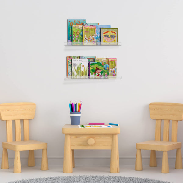 upsimples 2 Pack Acrylic Shelves for Wall Storage, 15" Floating Bookshelves for Kids, Display Shelf Organizer for Bathroom, Bedroom, Living Room, Kitchen, Room Decor, Clear