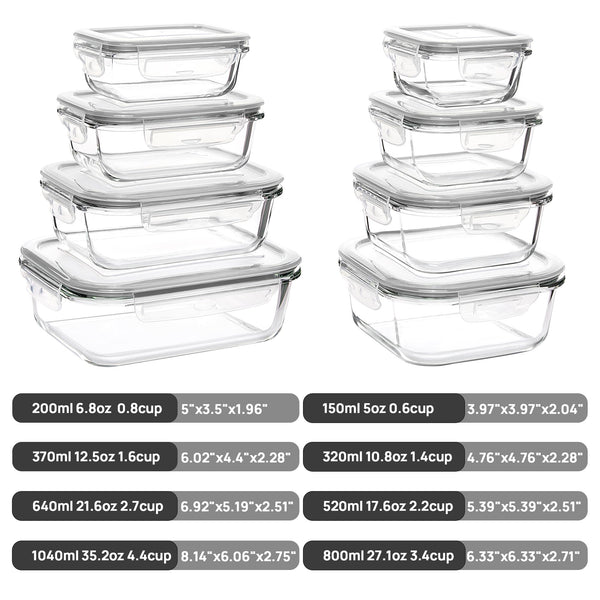 Vtopmart 8 Pack Glass Containers Set for Food Storage with Airtight Lids, Meal Prep Container Glass for Lunch, On the Go, Leftover, Freezer, Fridge, Microwave, Dishwasher Safe, BPA Free