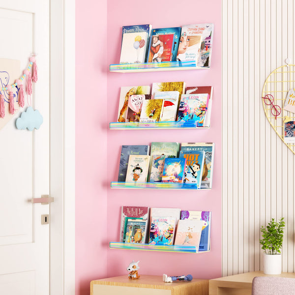 upsimples 4 Pack Acrylic Shelves for Wall Storage, 15" Floating Shelves, Kids Bookshelf, Nail Polish Holder, Perfume Display Shelf Organizer for Bathroom, Bedroom, Living Room, Iridescent