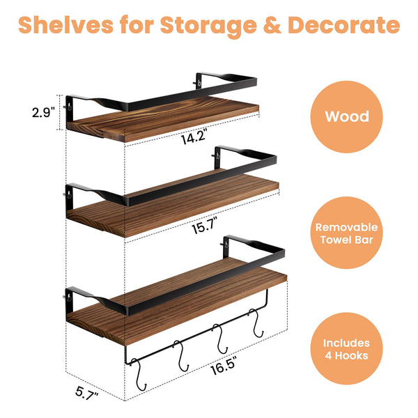 upsimples Bathroom Floating Shelves Wall Mounted Shelving with Removable Towel Bar, Wall Decor and Organizer for Bathroom, Bedroom, Living Room, Kitchen, Dark Brown,Set of 3