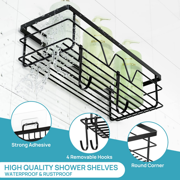 Vtopmart 5 Pack Shower Caddy Shelves Organizer with 4 Hooks, Self Adhesive Rack Storage Shelf for Inside Shower, Stainless Steel Bathroom Shower Wall Organization, Black