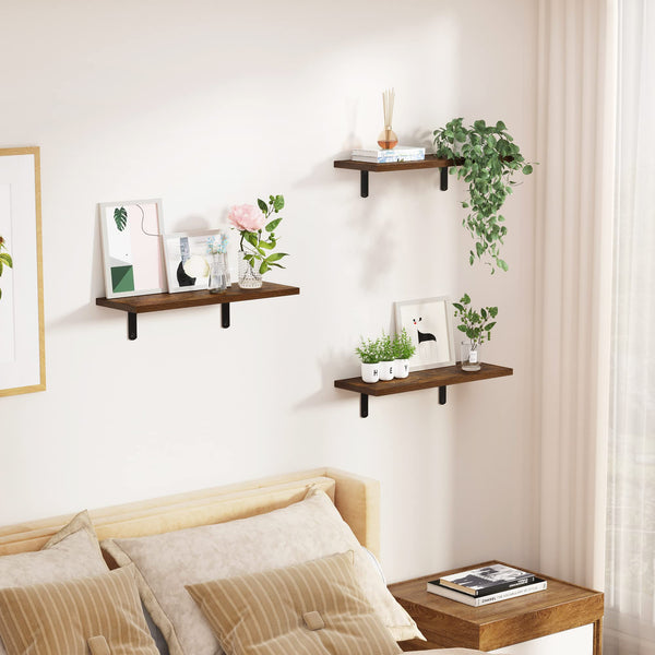 upsimples Floating Shelves for Wall Decor Storage, Wall Mounted Shelves Set of 5, Sturdy Small Wood Shelves with Metal Brackets Hanging for Bedroom, Living Room, Bathroom, Kitchen, Book, Dark Brown