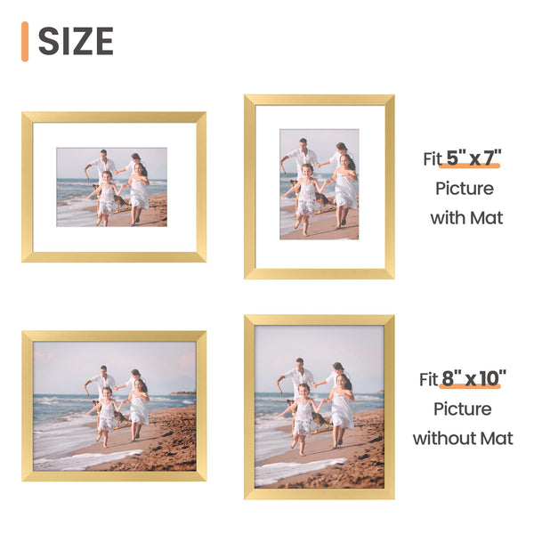 upsimples 8x10 Picture Frame Set of 5, Display Pictures 5x7 with Mat or 8x10 Without Mat, Wall Gallery Photo Frames, Gold