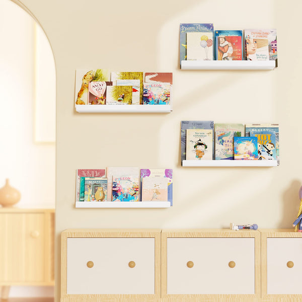 upsimples 4 Pack Acrylic Shelves for Wall Storage, 15" Floating Bookshelves for Kids, Display Shelf Organizer for Bathroom, Bedroom, Living Room, Kitchen, Room Decor, White