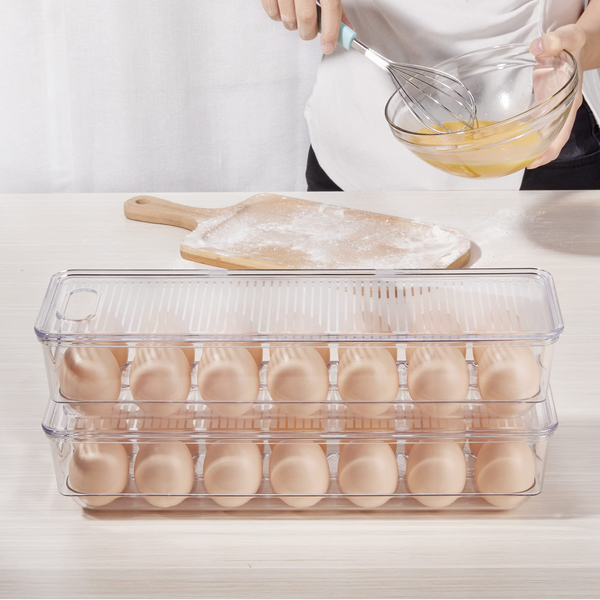 Vtopmart Egg Holder for Refrigerator 2 Pack, Plastic Egg Storage Container for Fridge, Clear Refrigerator Organizer Bins with Lids, Stackable Tray Holds 14 Eggs