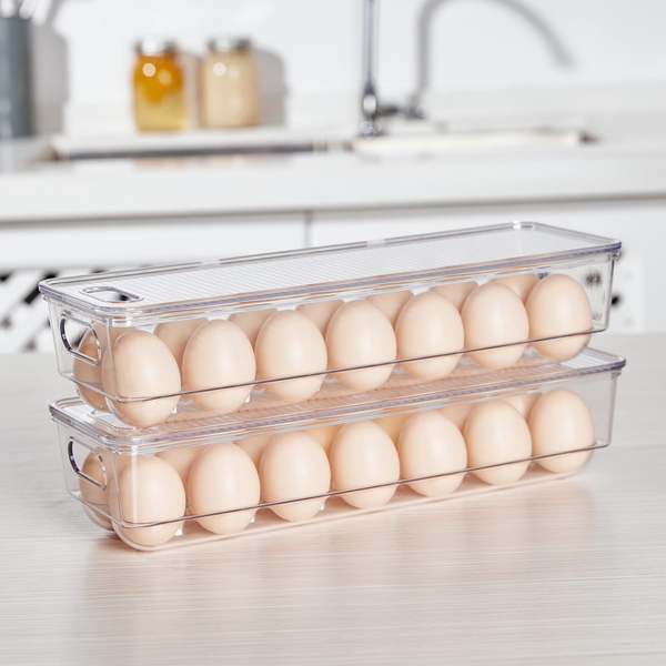 Vtopmart Egg Holder for Refrigerator 2 Pack, Plastic Egg Storage Container for Fridge, Clear Refrigerator Organizer Bins with Lids, Stackable Tray Holds 14 Eggs