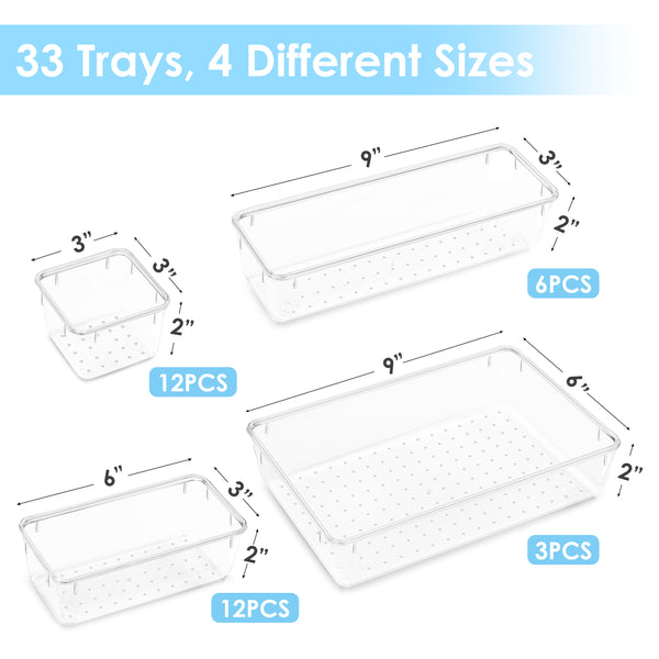 37 PCS Clear Plastic Drawer Organizers Set, Vtopmart 4-Size Versatile Bathroom and Vanity Drawer Organizer Trays, Storage Bins for Makeup, Jewelries, Kitchen Utensils and Office