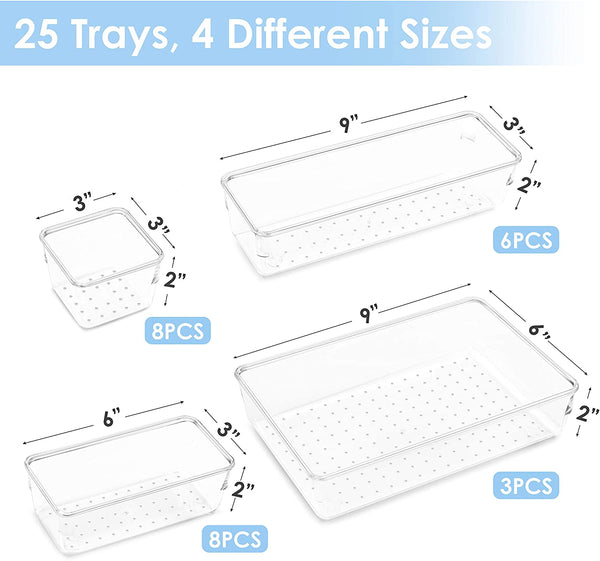 25 PCS Clear Plastic Drawer Organizers Set, Vtopmart 4-Size Versatile Bathroom and Vanity Drawer Organizer Trays, Storage Bins for Makeup, Jewelries, Kitchen Utensils and Office