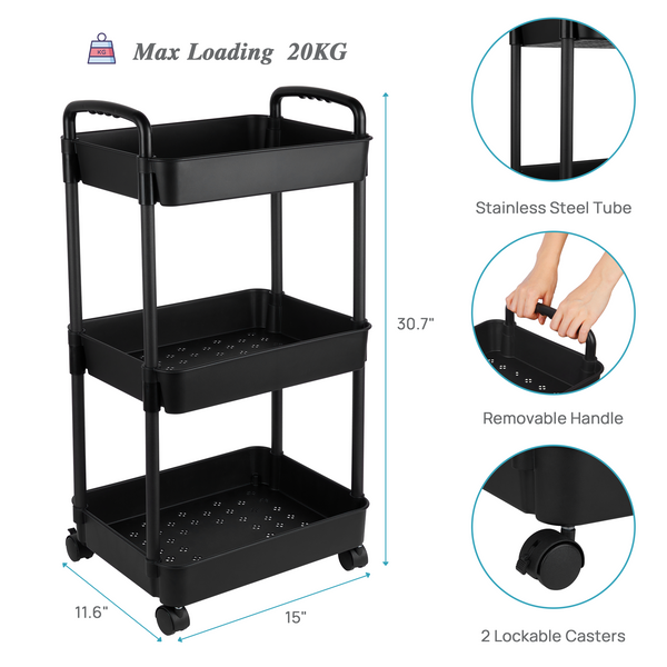 Vtopmart 3 Tier Rolling Cart with Wheels, Detachable Utility Storage Cart with Handle and Lockable Casters, Heavy Duty Storage Basket Organizer Shelves, Easy Assemble for Office, Bathroom, Kitchen