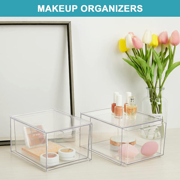 2 Pack Stackable Makeup Organizer Storage Drawers, Vtopmart Acrylic Bathroom Organizers，Clear Plastic Storage Bins For Vanity, Undersink, Kitchen Cabinets, Pantry, Home Organization and Storage