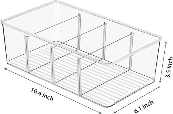 Food Storage Organizer Bin with 4 Compartment , Vtopmart Clear Plastic Pantry Organizing Bins, for Spice Packets, Snacks, Pouches, Set of 4, Size