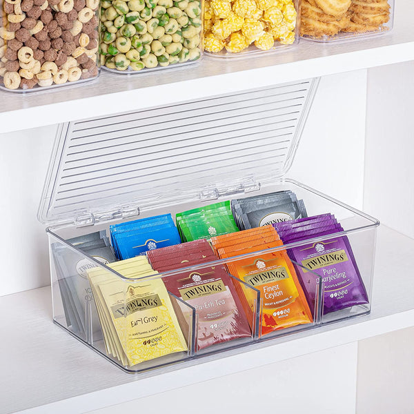 Food Storage Organizer Bin with 4 Compartment , Vtopmart Clear Plastic Pantry Organizing Bins, for Spice Packets, Snacks, Pouches, Set of 4, Size