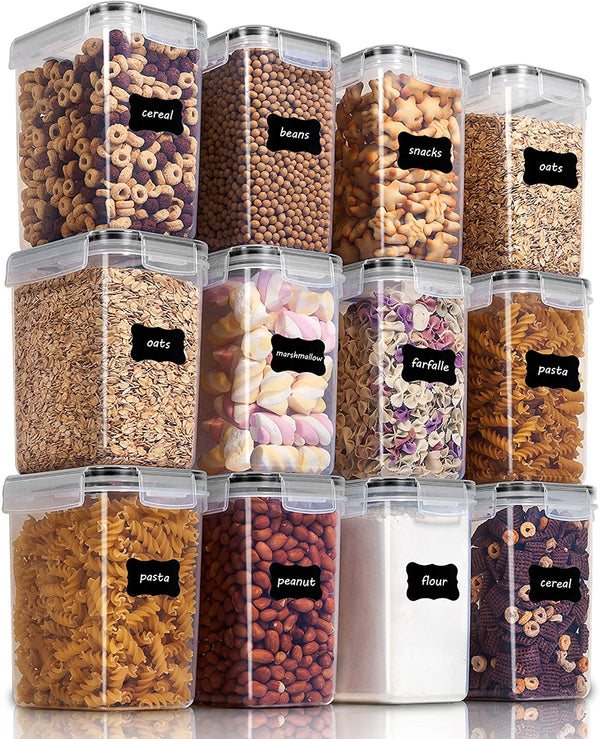 Vtopmart Airtight Food Storage Containers 12 Pieces 1.5qt / 1.6L- Plastic PBA Free Kitchen Pantry Storage Containers for Sugar, Flour and Baking Supplies - Dishwasher Safe - Include 24 Labels, Black