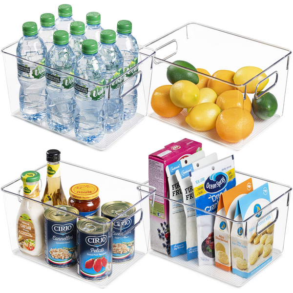 Vtopmart Clear Plastic Pantry Organizer Bins, 4 PCS Food Storage Bins with Handle for Refrigerator, Fridge, Cabinet, Kitchen, Countertops, Cupboard, Freezer Organization and Storage, BPA Free, Large