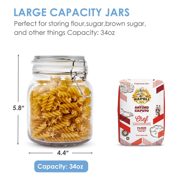 Food Storage Jars with Airtight Clamp Lids, Large Kitchen Canisters for  Flour, Cereal, Coffee, Pasta and Canning, Square Mason Jars 