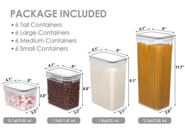 24 Pack Airtight Food Storage Container Set - BPA Free Clear Plastic  Kitchen and Pantry Organization Canisters with Durable Lids for Cereal, Dry  Food